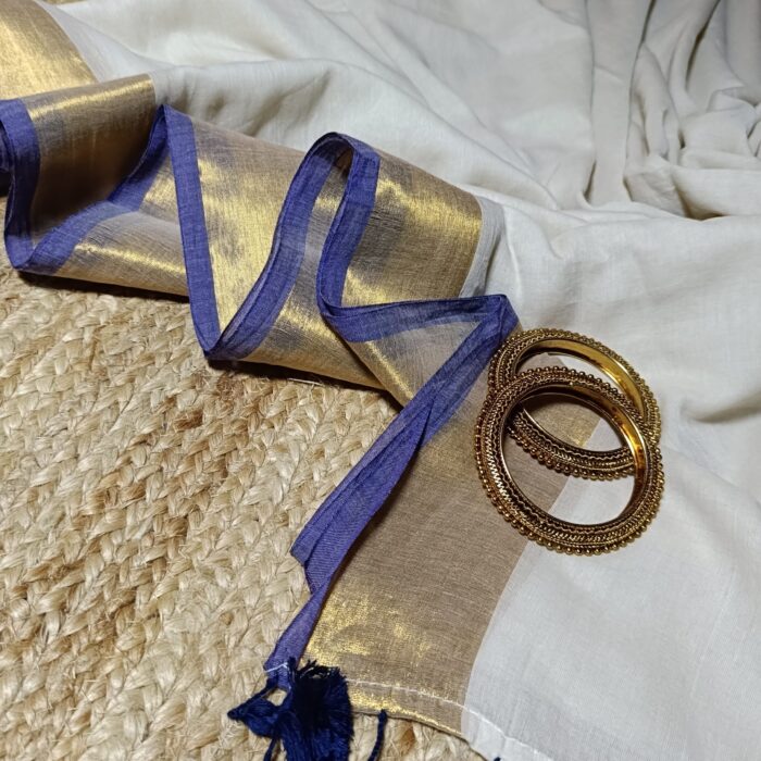 Bengal Mull Cotton Saree, featuring a striking contrast zari border and playful pompom edging - Image 3