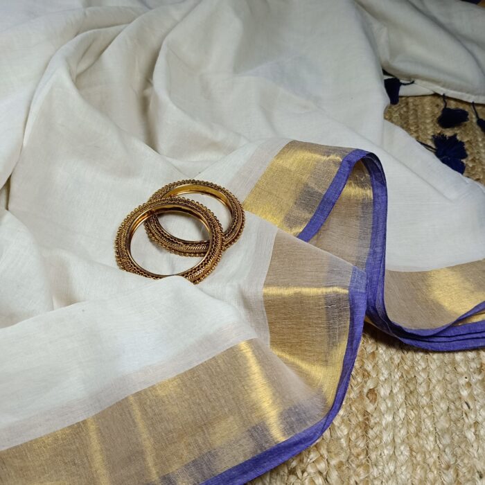 Bengal Mull Cotton Saree, featuring a striking contrast zari border and playful pompom edging - Image 4