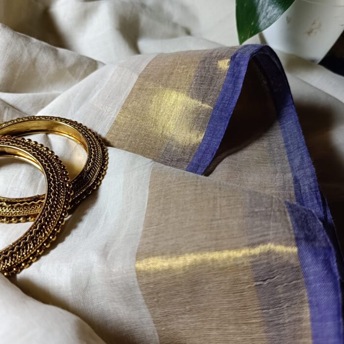 Bengal Mull Cotton Saree, featuring a striking contrast zari border and playful pompom edging - Image 6