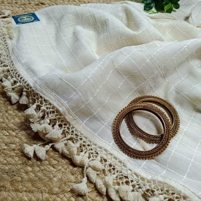 handcrafted tradition with this Handloom Cotton Saree featuring intricate Kantha stitch embroidery all over and charming pompom detailing. - Image 3