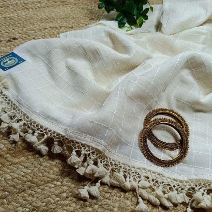 handcrafted tradition with this Handloom Cotton Saree featuring intricate Kantha stitch embroidery all over and charming pompom detailing. - Image 4