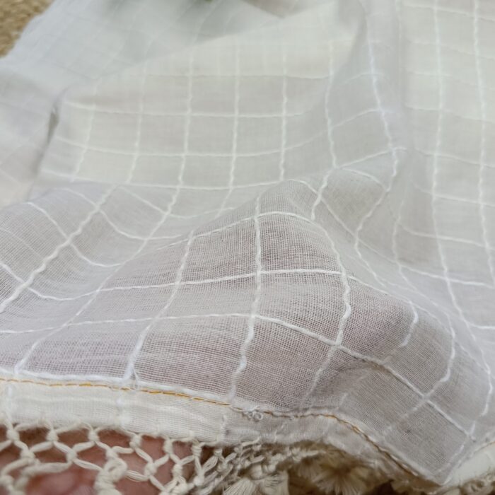 handcrafted tradition with this Handloom Cotton Saree featuring intricate Kantha stitch embroidery all over and charming pompom detailing. - Image 5