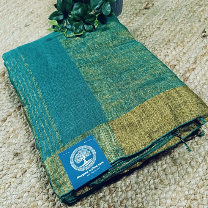 Premium Quality Handwoven Linen Saree With Golden Zari Border And Blouse Piece - Image 4