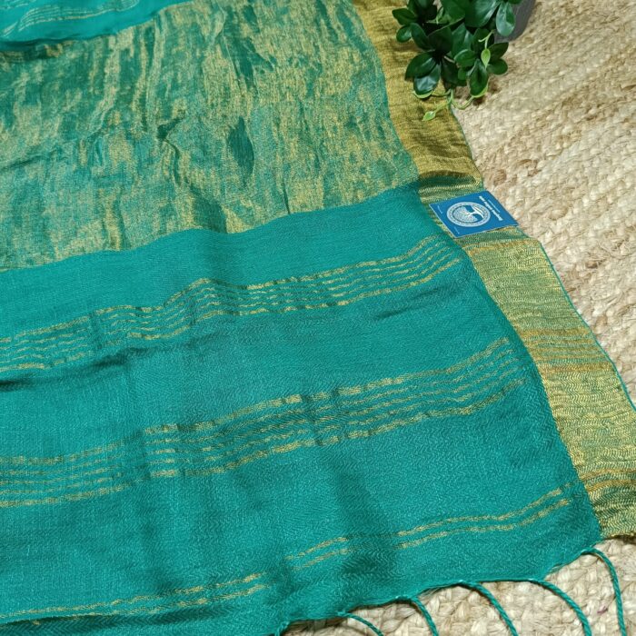 Premium Quality Handwoven Linen Saree With Golden Zari Border And Blouse Piece - Image 6
