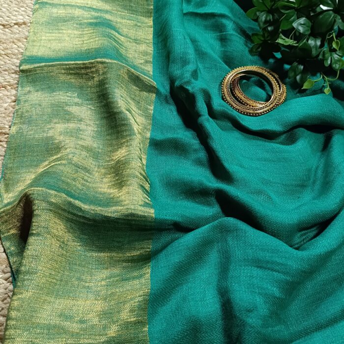 Premium Quality Handwoven Linen Saree With Golden Zari Border And Blouse Piece - Image 7