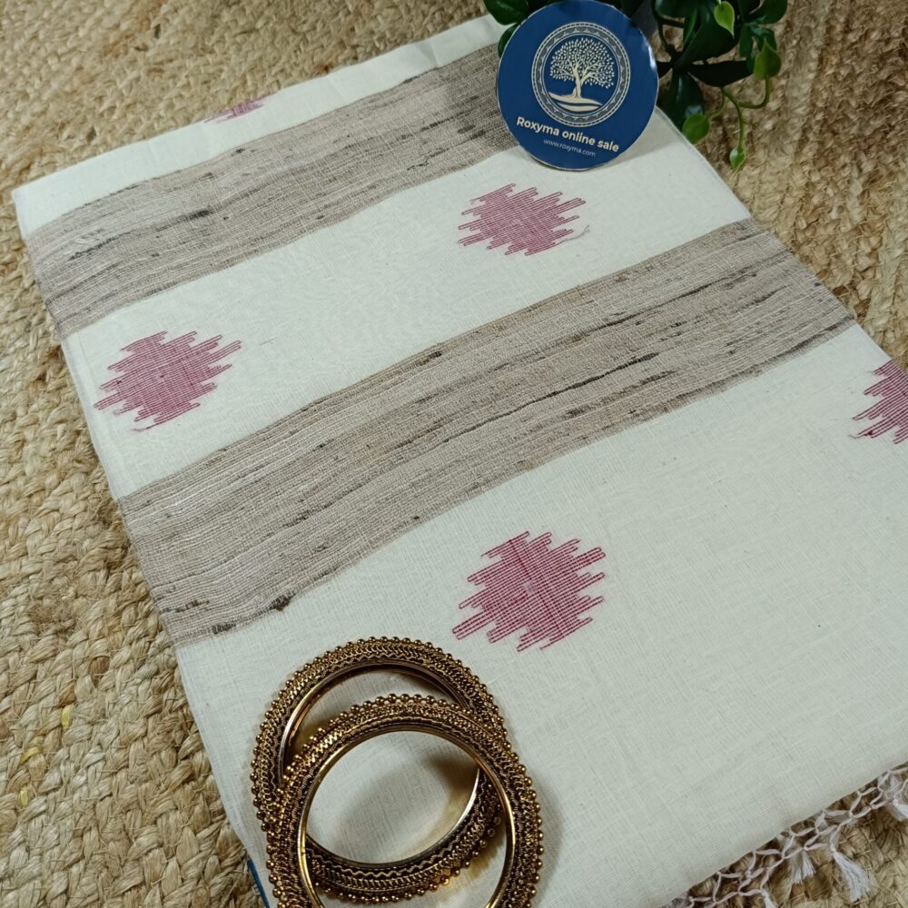 Off-White & Red Border Kota Cotton Saree With Jute & Jamdani Work