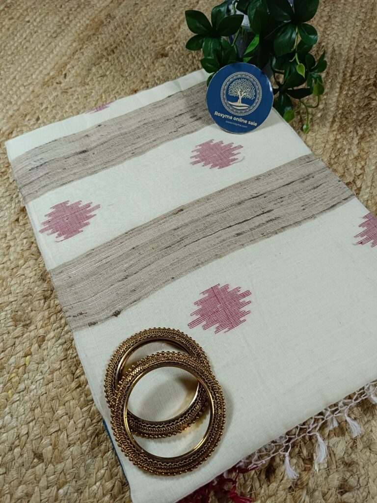 Off-White & Red Border Kota Cotton Saree With Jute & Jamdani Work
