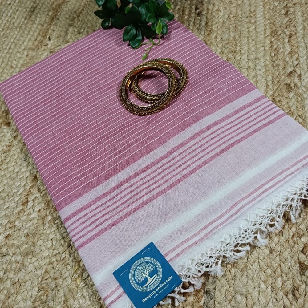 Bengal Traditional Laal Paar Saada Saree with Ghicha Stripes in Pallu & Blouse Piece