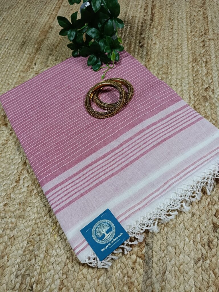 Bengal Traditional Laal Paar Saada Saree with Ghicha Stripes in Pallu & Blouse Piece