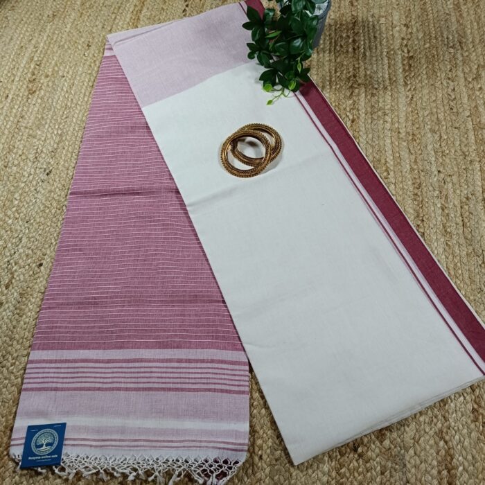Bengal Traditional Laal Paar Saada Saree with Ghicha Stripes in Pallu & Blouse Piece - Image 2