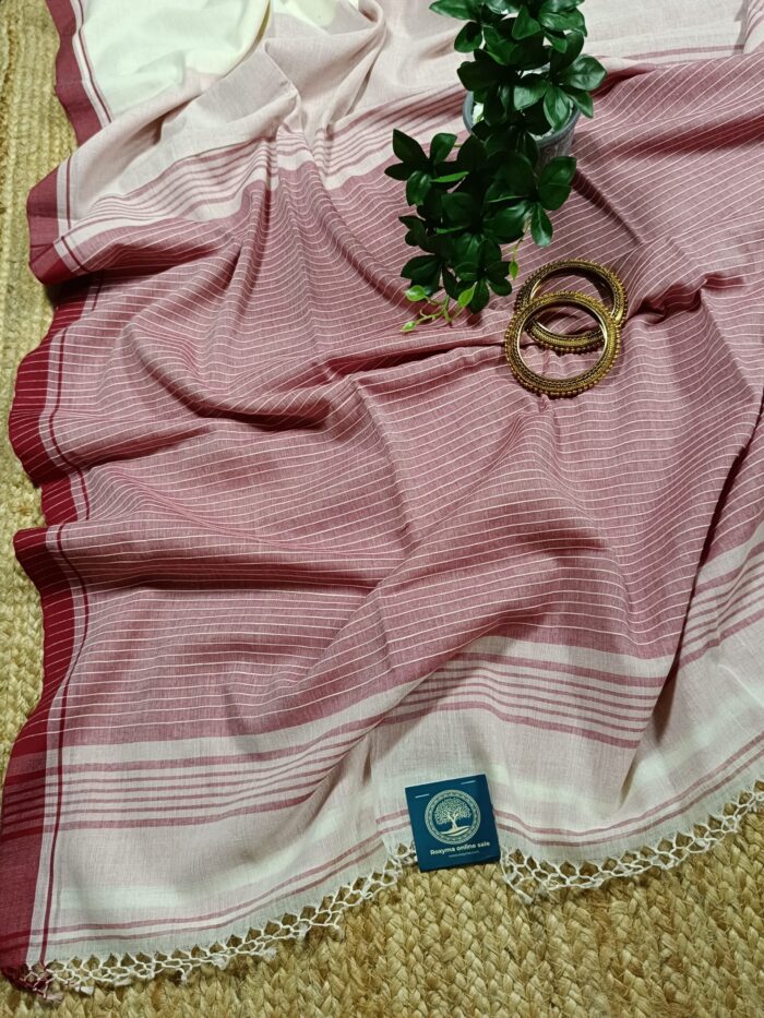 Bengal Traditional Laal Paar Saada Saree with Ghicha Stripes in Pallu & Blouse Piece - Image 4