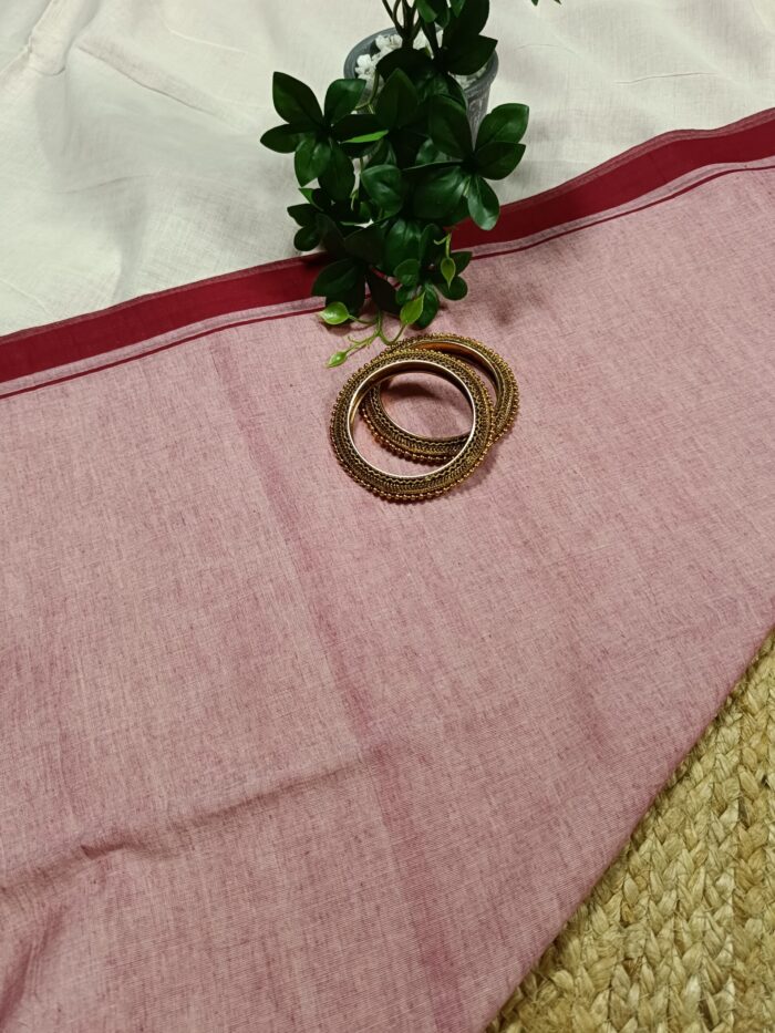 Bengal Traditional Laal Paar Saada Saree with Ghicha Stripes in Pallu & Blouse Piece - Image 5
