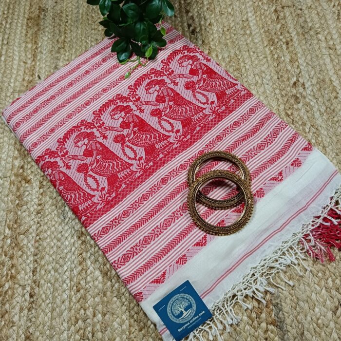 Laal Paar Sada Saree with Baluchuri Weaving & Running Blouse Piece
