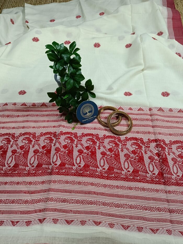 Laal Paar Sada Saree with Baluchuri Weaving & Running Blouse Piece - Image 7