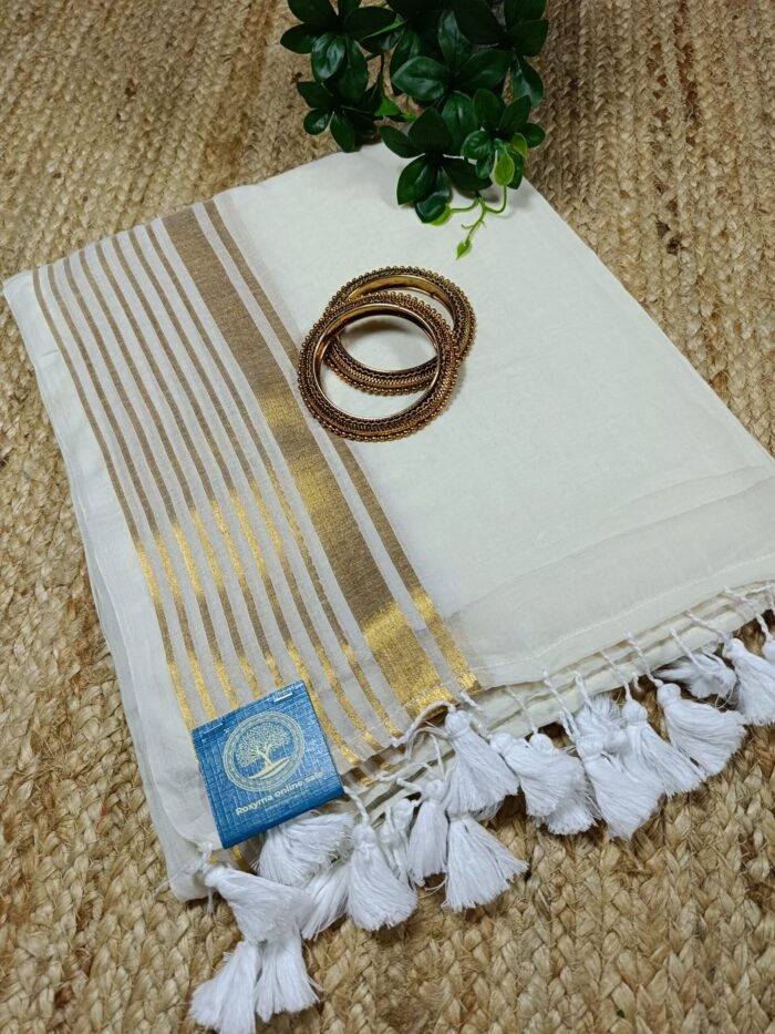 Bengal Mull Cotton Saree, Featuring A Striking Contrast Zari Border And Playful Pompom Edging