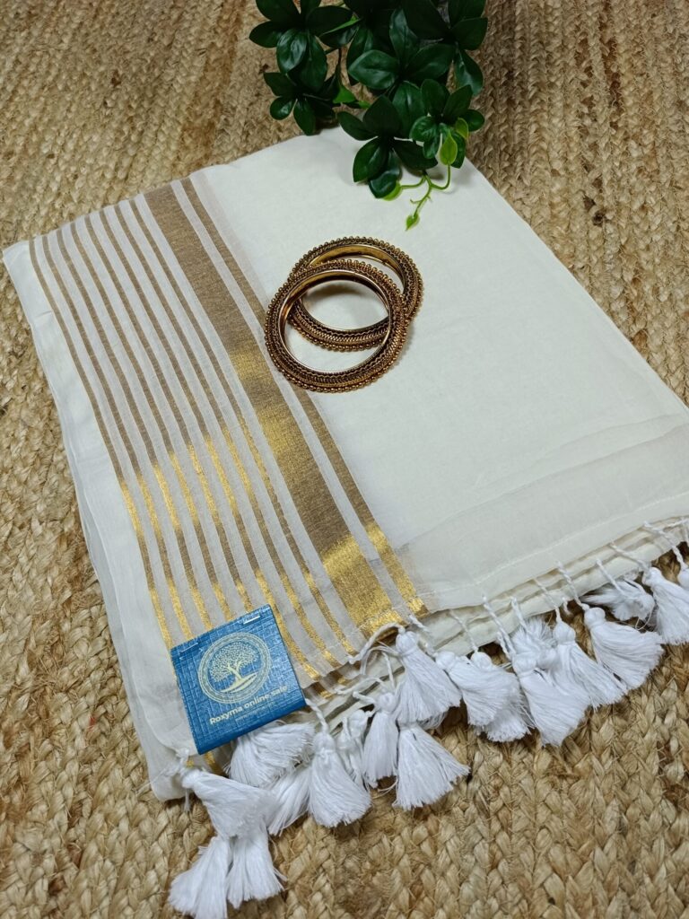 Bengal Mull Cotton Saree, Featuring A Striking Contrast Zari Border And Playful Pompom Edging