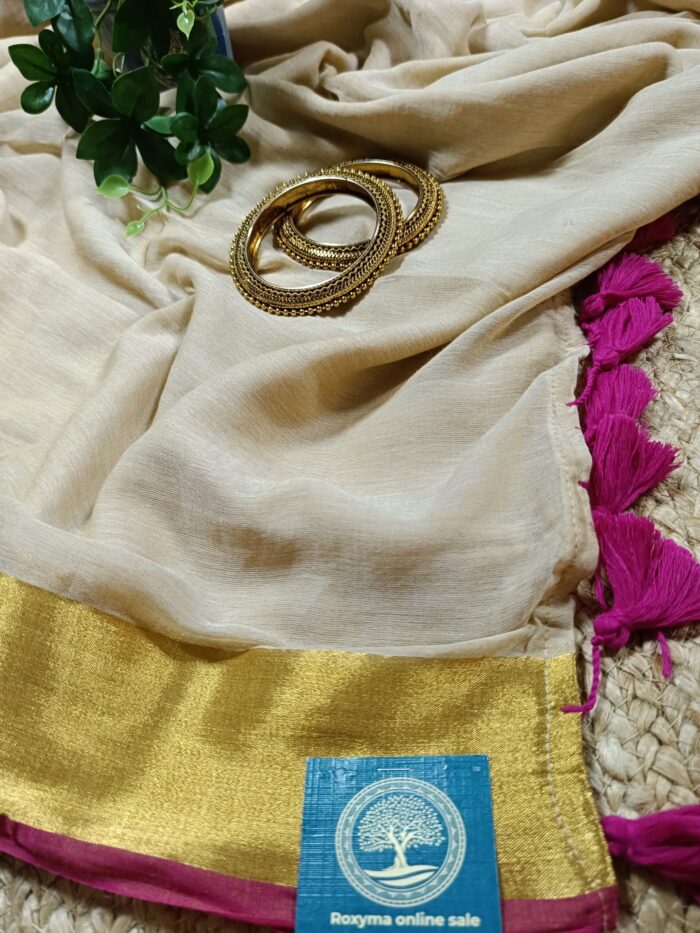 Bengal Mull Cotton Saree, Featuring A Striking Contrast Zari Border And Playful Pompom Edging - Image 2