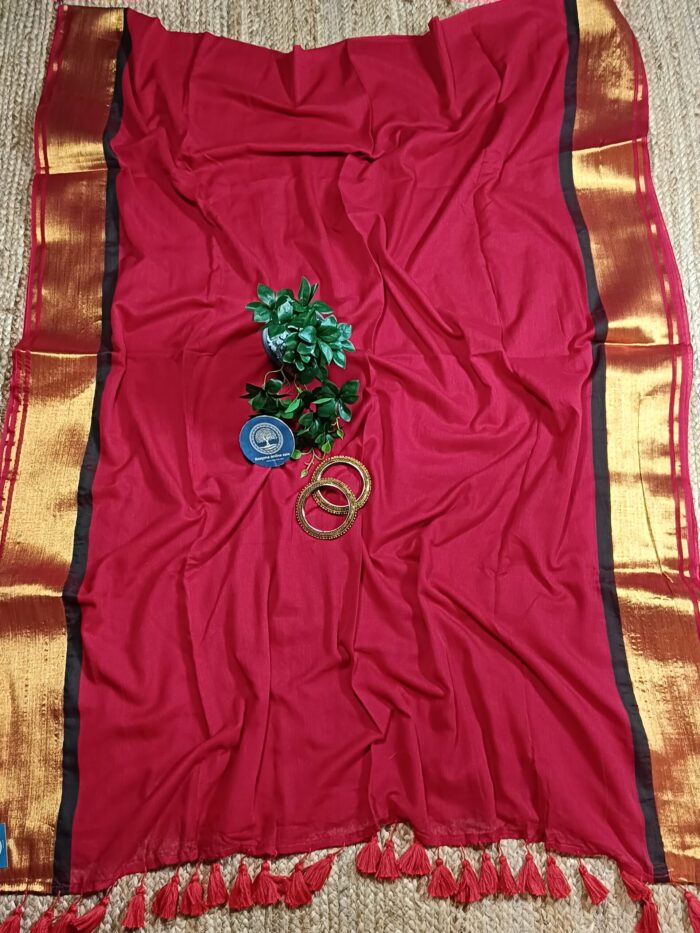 Bengal Mull Cotton Saree Featuring A Striking Contrast Zari Border And Playful Pompom Edging - Image 2