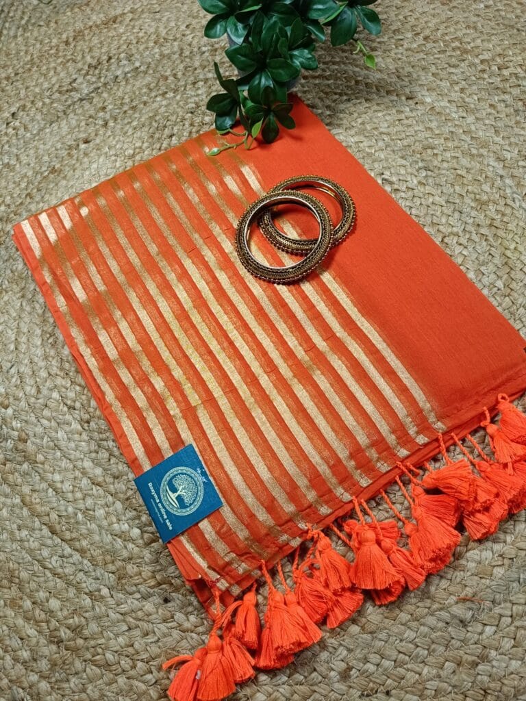 Mull cotton Saree with Golden Striped Border