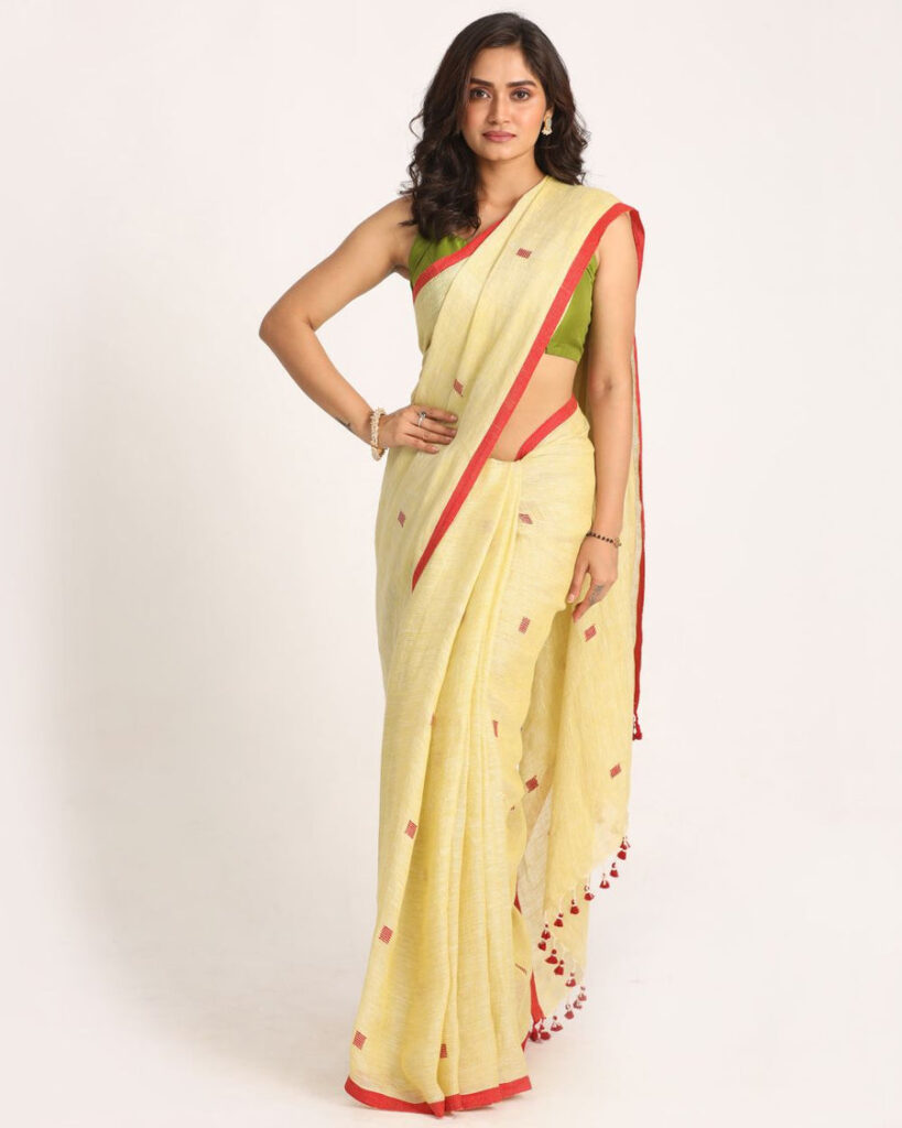 Premium Quality Jaishree Cream Colour Linen Saree With Jamdani Buties All-Over