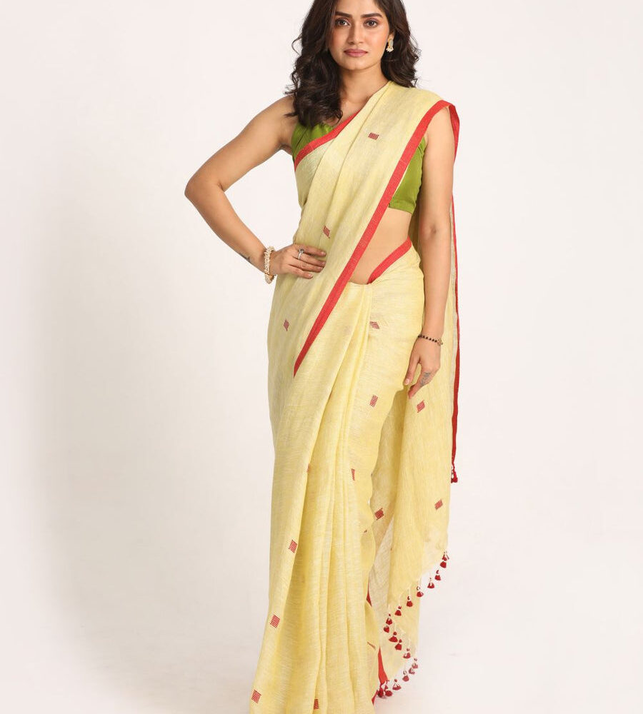 Premium Quality Jaishree Cream Colour Linen Saree With Jamdani Buties All-Over