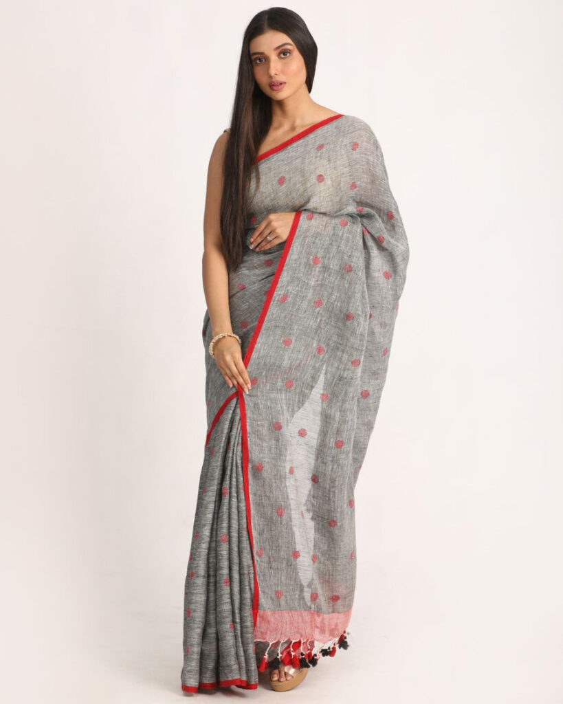 Premium Quality Jaishree Grey Linen Saree With Jamdani Buties All-Over
