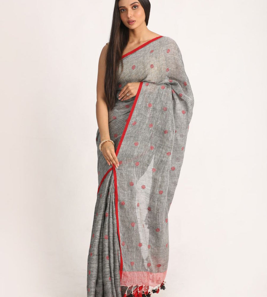 Premium Quality Jaishree Grey Linen Saree With Jamdani Buties All-Over