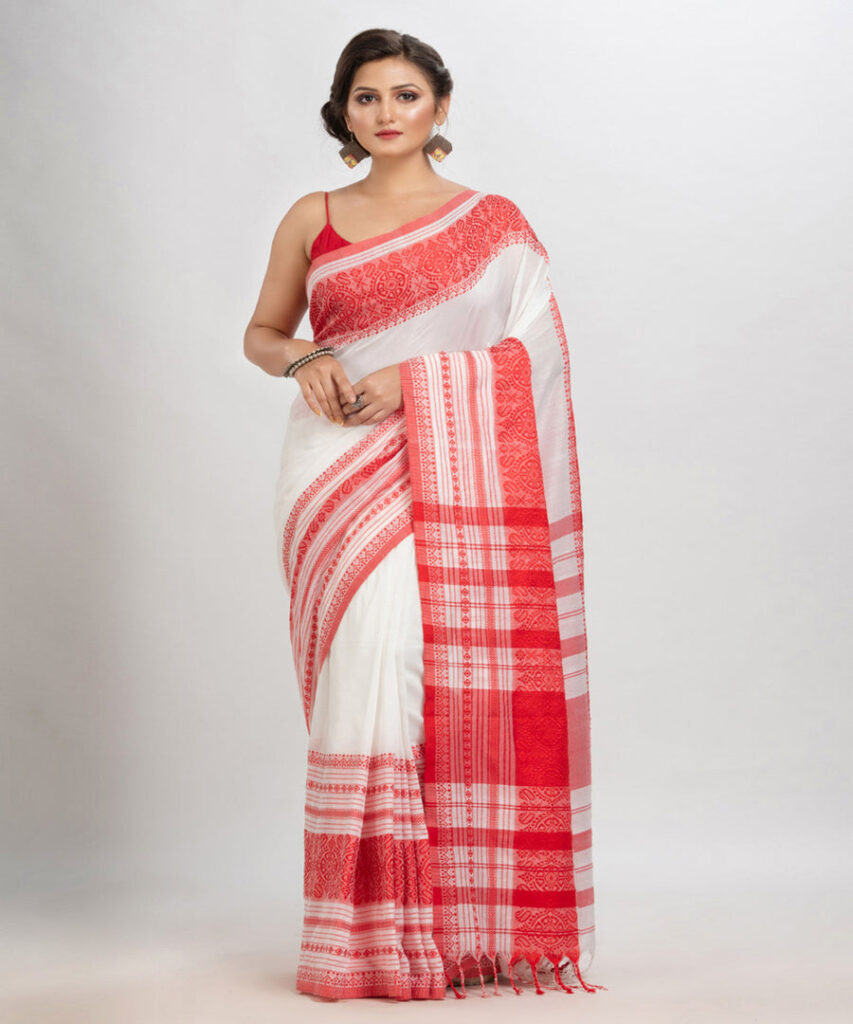 Premium Quality Bengal Organic Cotton Saree, Featuring A Beautifully Traditional  Woven Contrast Border 