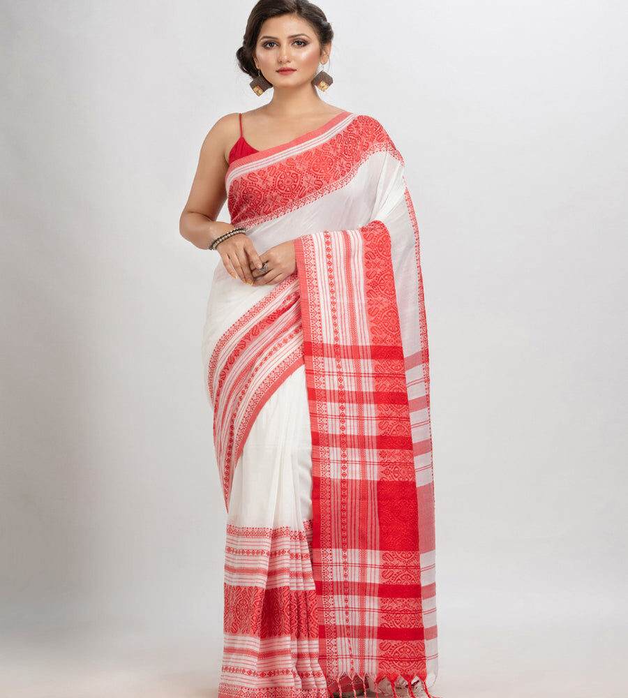 Premium Quality Bengal Organic Cotton Saree, Featuring A Beautifully Traditional  Woven Contrast Border 