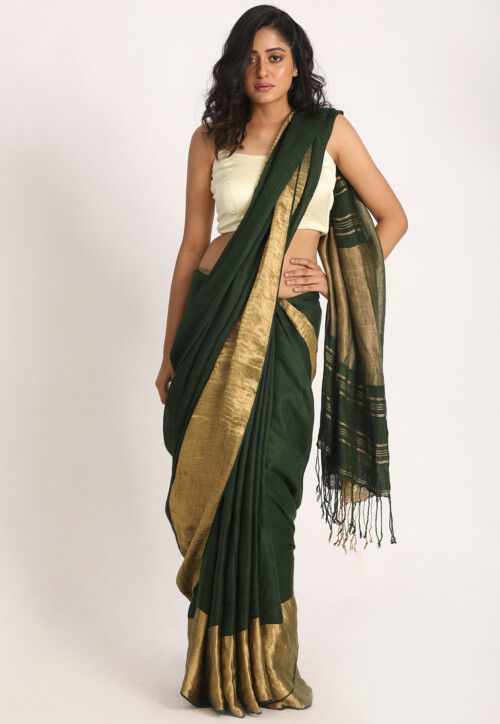 Premium Quality Handwoven Linen Saree with Golden Zari Border and Blouse Piece