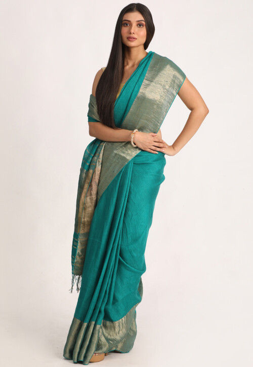 Premium Quality Handwoven Linen Saree With Golden Zari Border And Blouse Piece