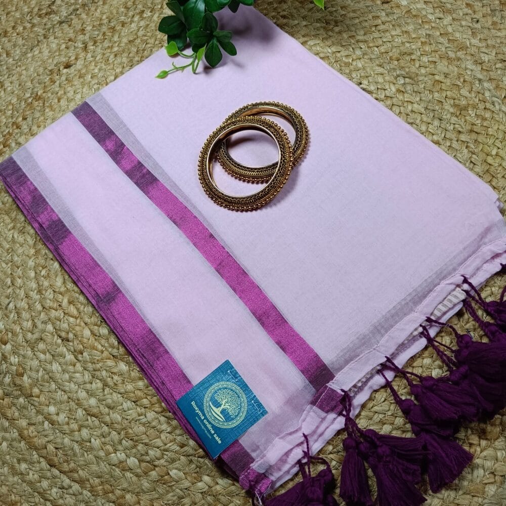 Baby Pink Pure Handloom Mulmul Cotton Saree with Magenta Border & Golden Zari Stripes