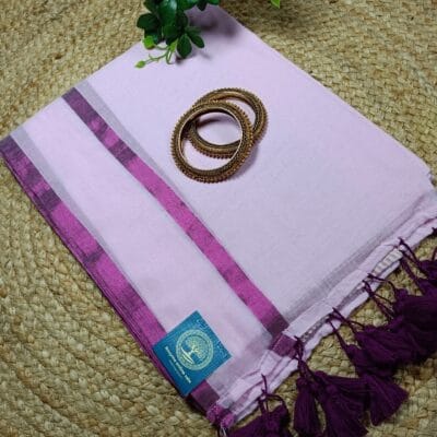Baby Pink Pure Handloom Mulmul Cotton Saree with Magenta Border & Golden Zari Stripes
